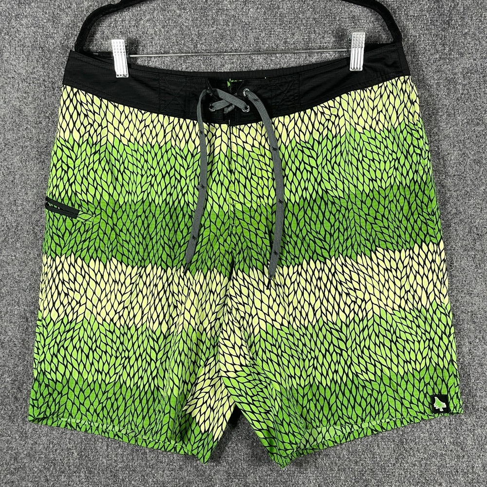 Hippy Tree Trunk Shorts Beach Drawstring Pocket Stretch Leaf Print Green Size 36